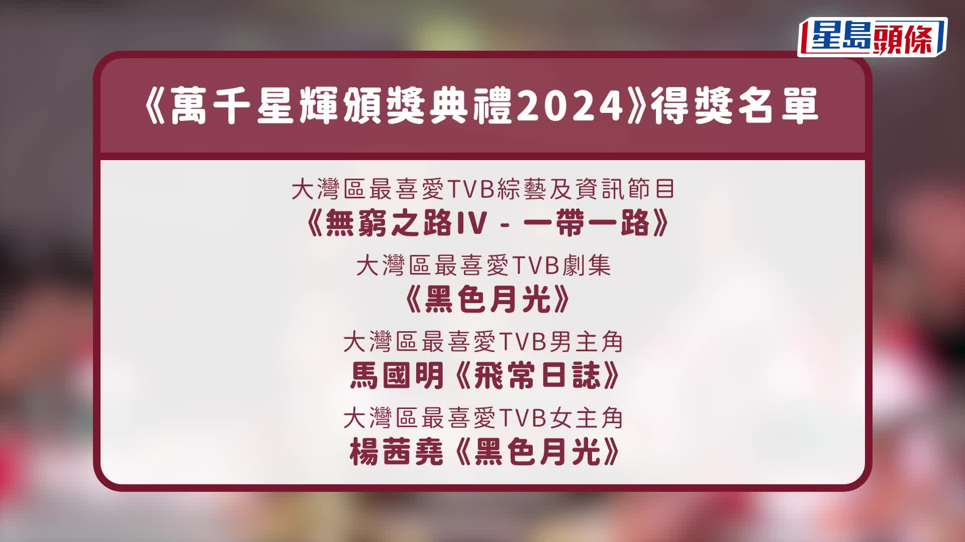 萬千星輝頒獎典禮2024完整得獎名單｜張振朗、龔嘉欣奪最佳男女主角  《反黑英雄》奪最佳劇集