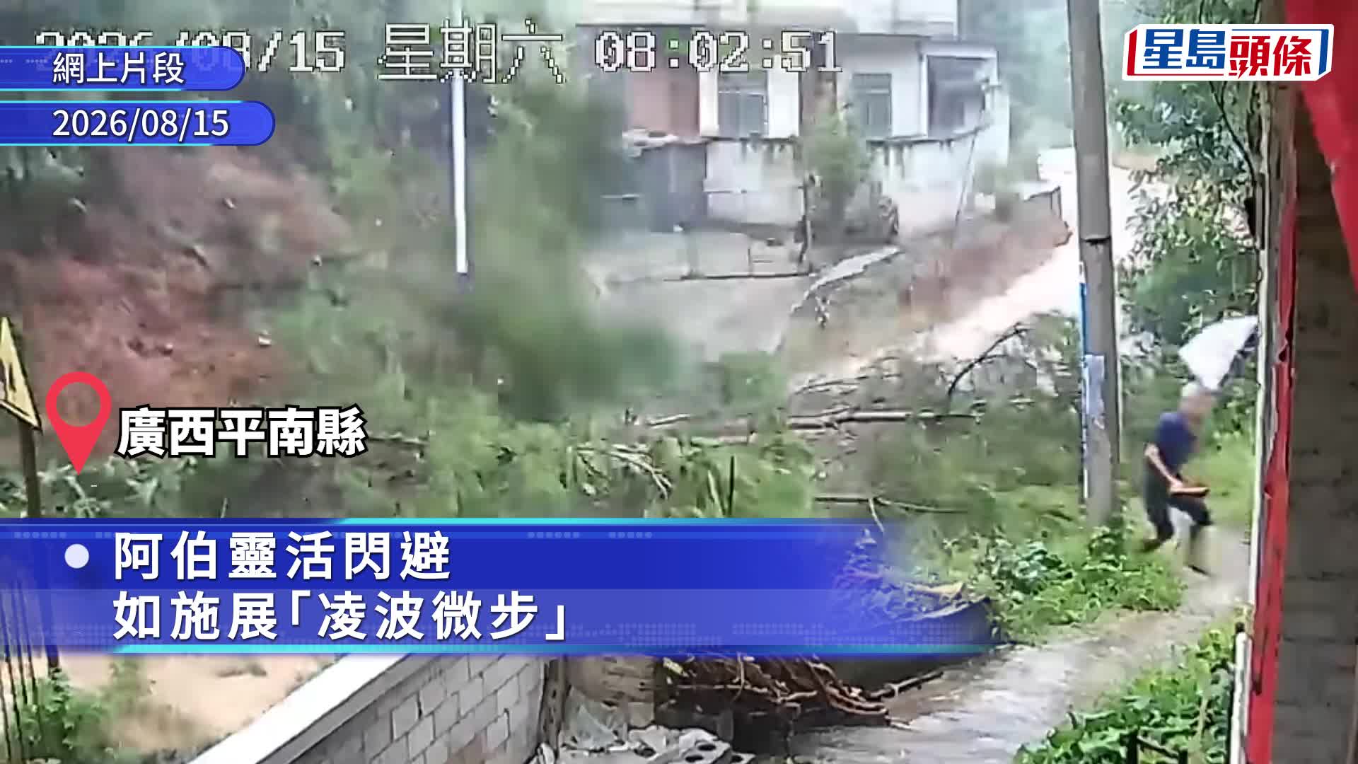 廣西山泥傾瀉一排樹木「兜頭劈」 阿伯施凌波微步完美避過︱有片