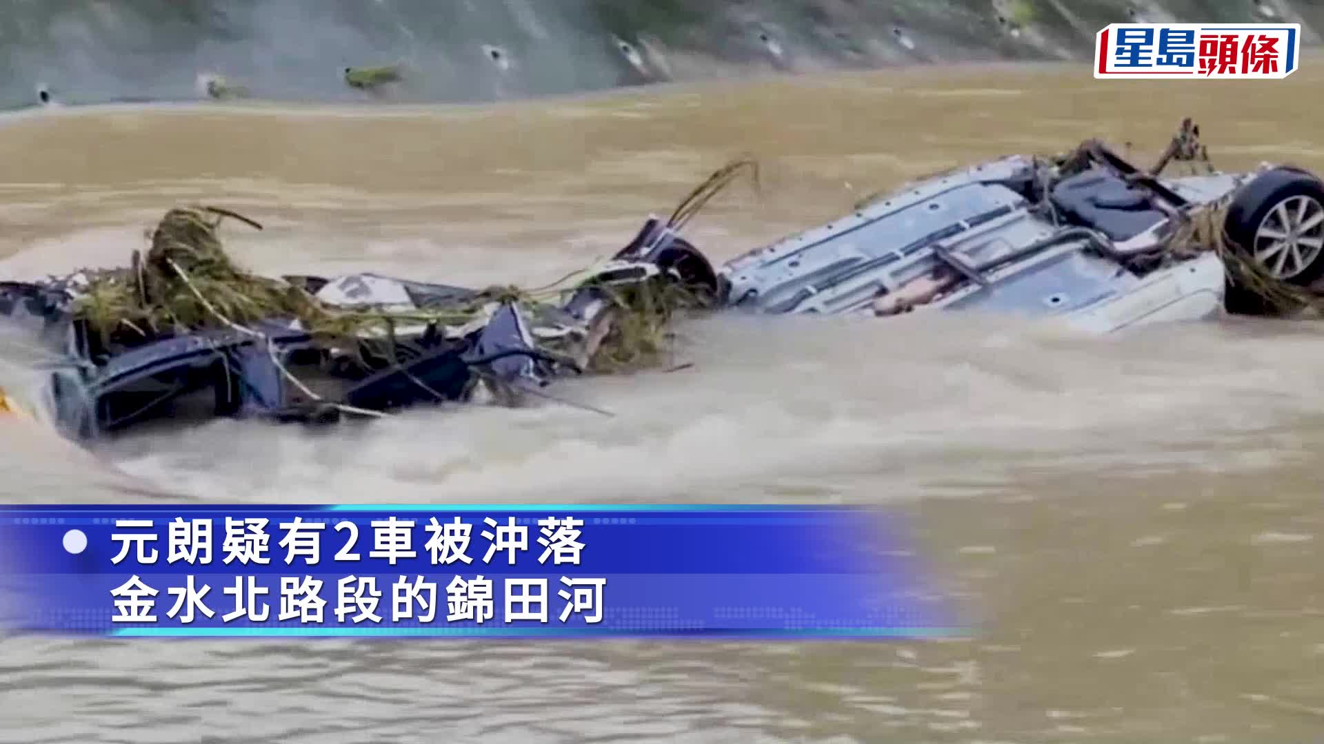 錦田河兩車在水中央。fb：車cam L（香港群組）